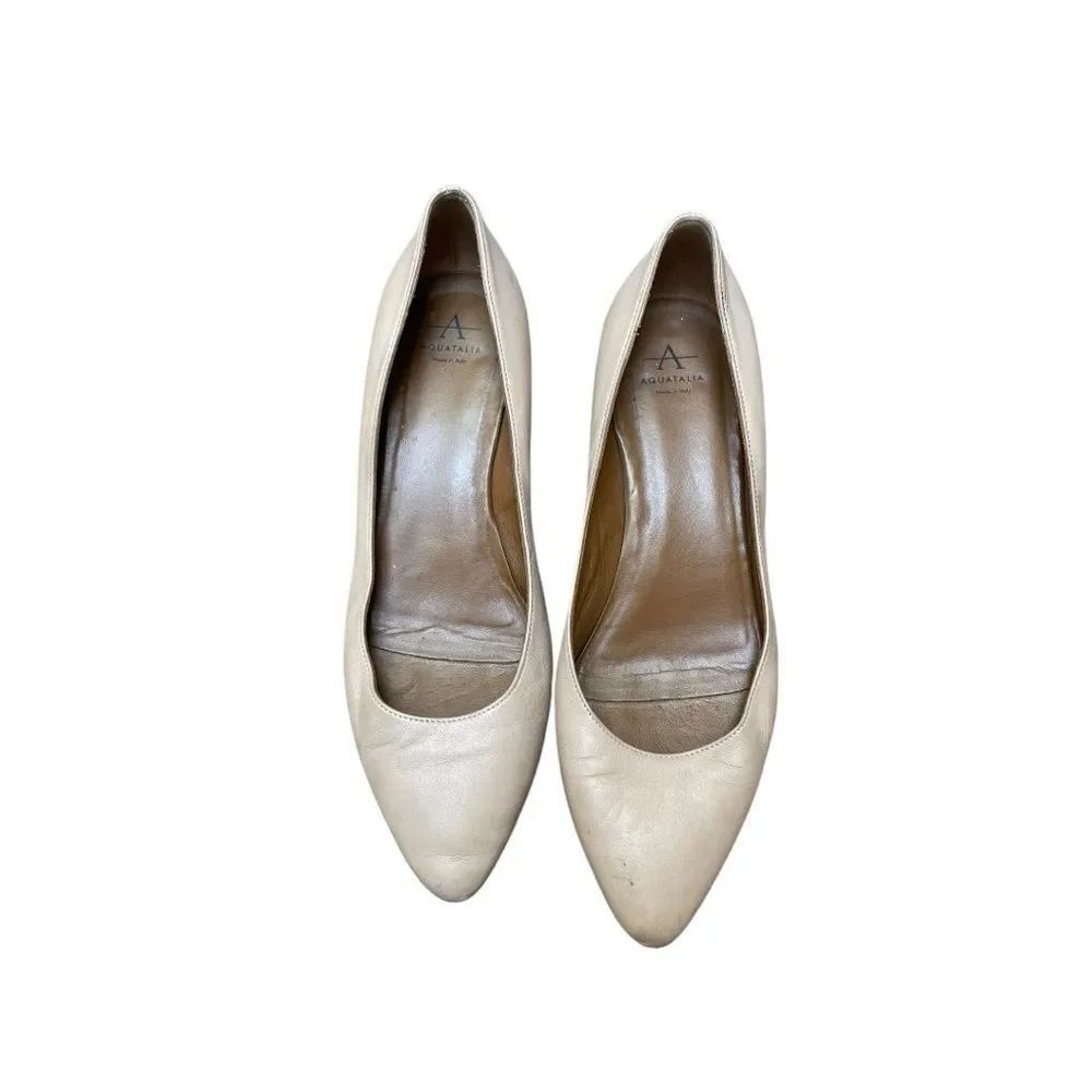 Aquatalia Leather Block Heel Pumps Nude Beige Size 7.5 Made in Italy